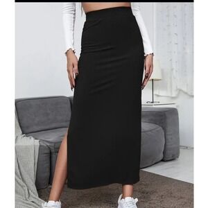 Witchy‎ Whimsygoth Vampy Dark Fairy Black Stretch Side Slit Maxi Long Skirt  L